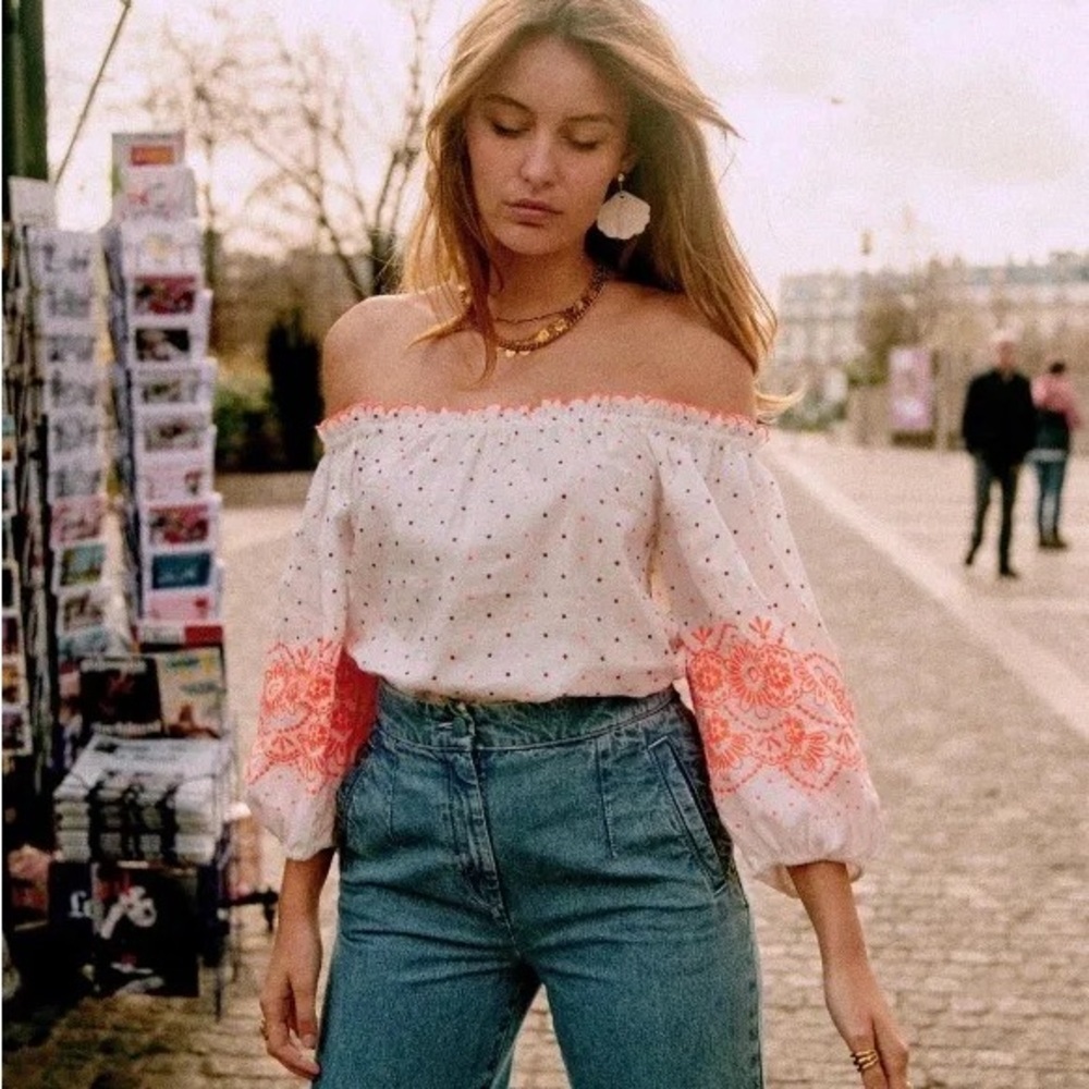 Sezane White and Orange Off-Shoulder Blouse